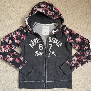 Aeropostale Hoodie Women's Medium M Zip Sweatshirt Dark Gray with Floral Pattern